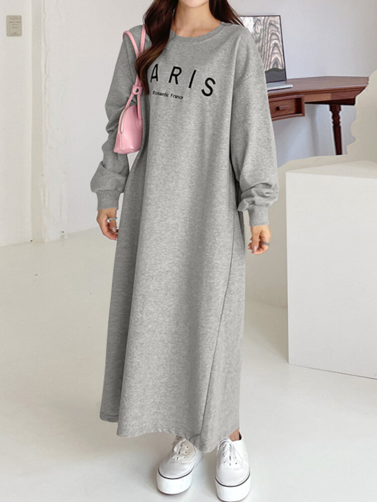 Women Sweatshirt Letter Printed Calf Length O-Neck Casual Midi Dresses