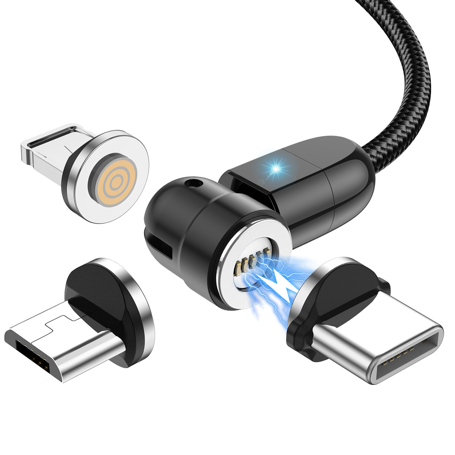 USLION 3 in 1 3A USB naar USB-C / Micro USB-kabel Magnetisch 540 ? rotatie Snel opladen Datatransmis