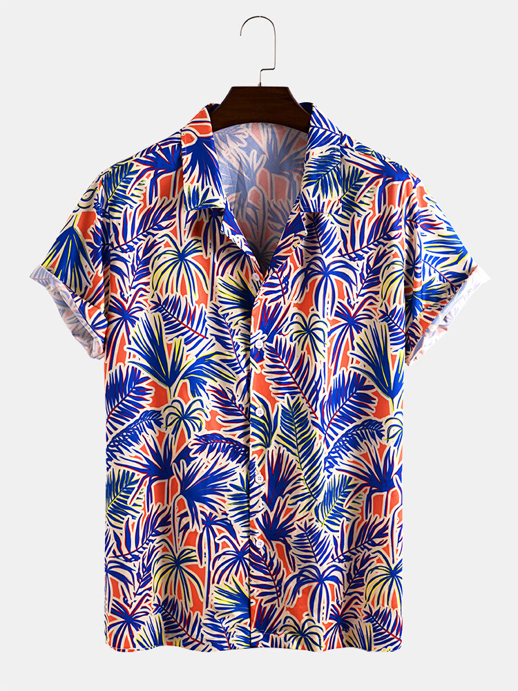 

Mens Tropical Plant Leaf Print Light Casual Revere Collar Short Sleeve Shirts