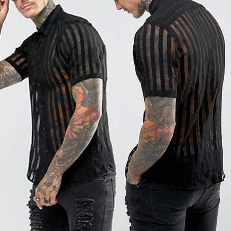 Mens Summer Short Sleeve Black Striped Shirts