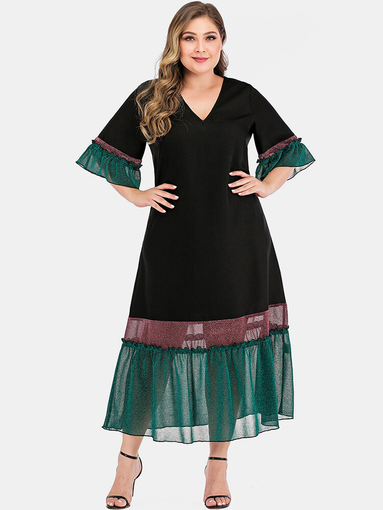 Image of Plus Size Damen Flash Kontrastfarbe Patchwork Rschen V-Ausschnitt Maxi Kleid