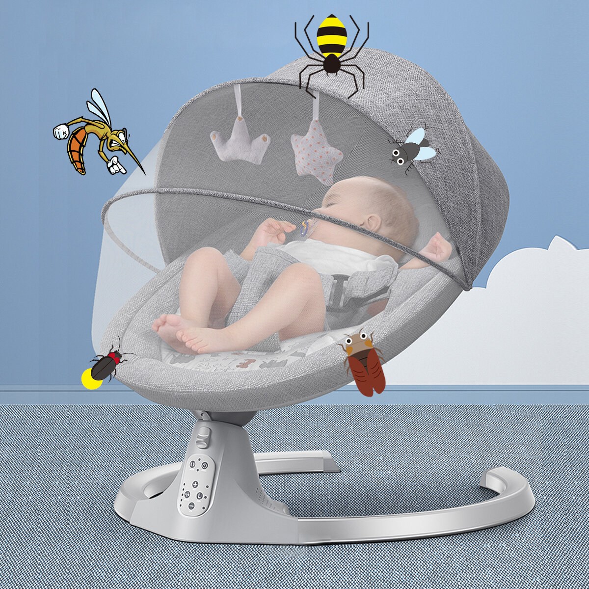 Wipstoeltje, elektrische babyschommel met muziek, bruikbaar vanaf de geboorte tot ca. 9 maanden, 0-18 kg laadvermogen, 5 snelheidsregelaars en 3 tijdsinstellingen