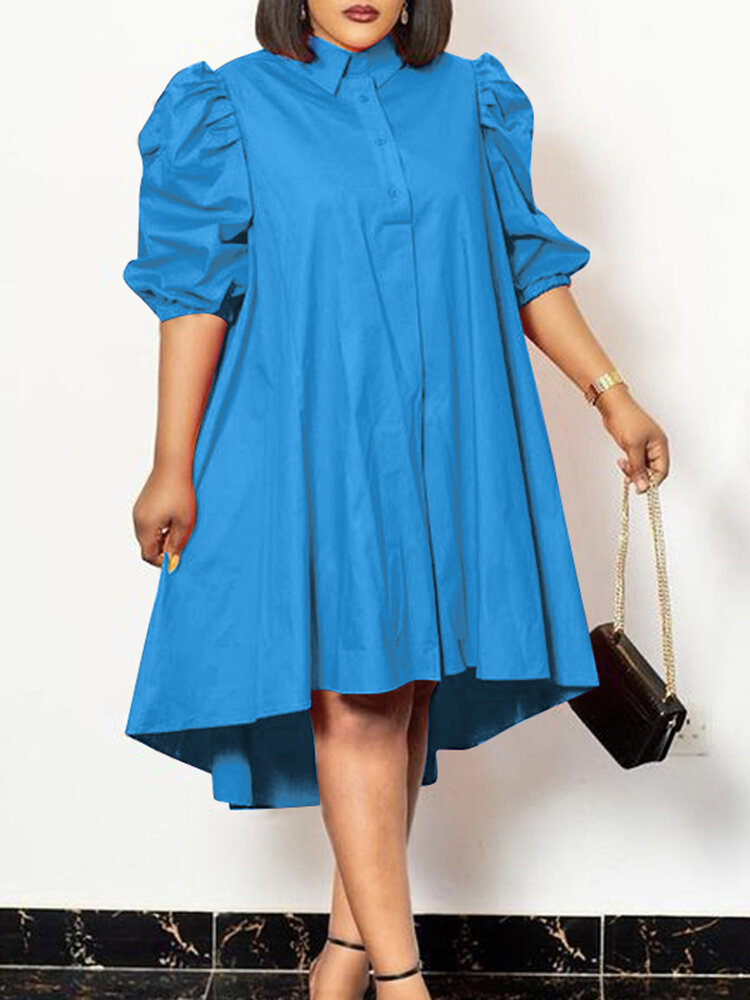 Lapel Solid Leisure Casual Puff Sleeve Dress For Women