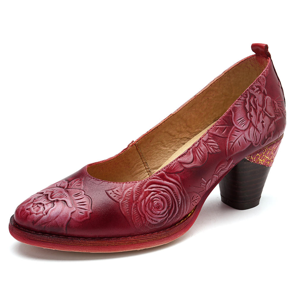 59% OFF on SOCOFY Genuine Leather Handmade Flowers Pattern Soft Pumps