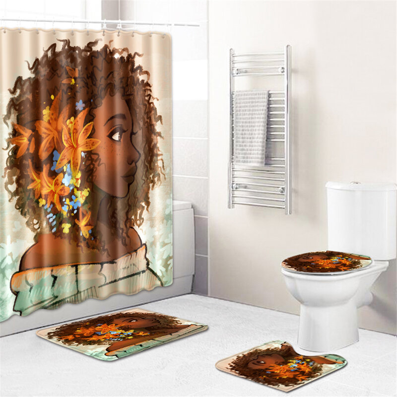 African Girl Shower Curtain With Bath Mats Rugs Toilet Cover Mats For Home - Shower Curtain