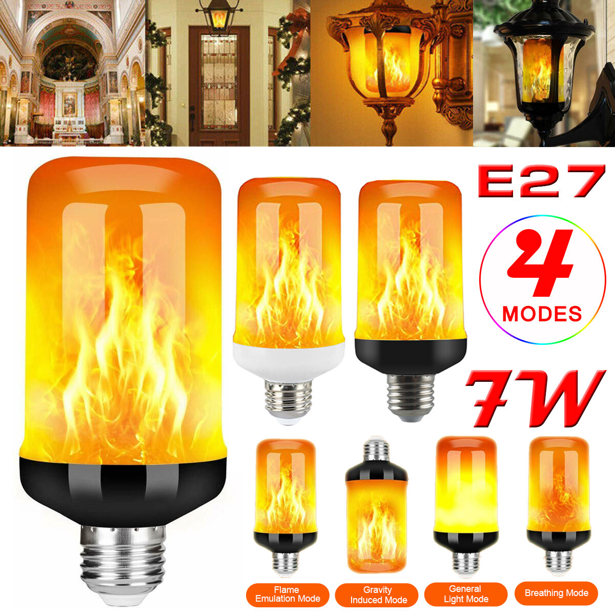 

AC85-265V E27 7W Flame Effect Fire Light Bulb Gravity Sensor 4 Modes Flickering Lamp