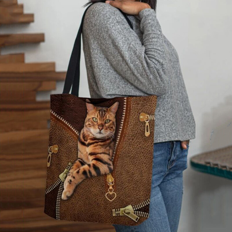Women Canvas Cute 3D Three-dimensional Vision Cat Pattern Shoulder Bag Handbag Tote