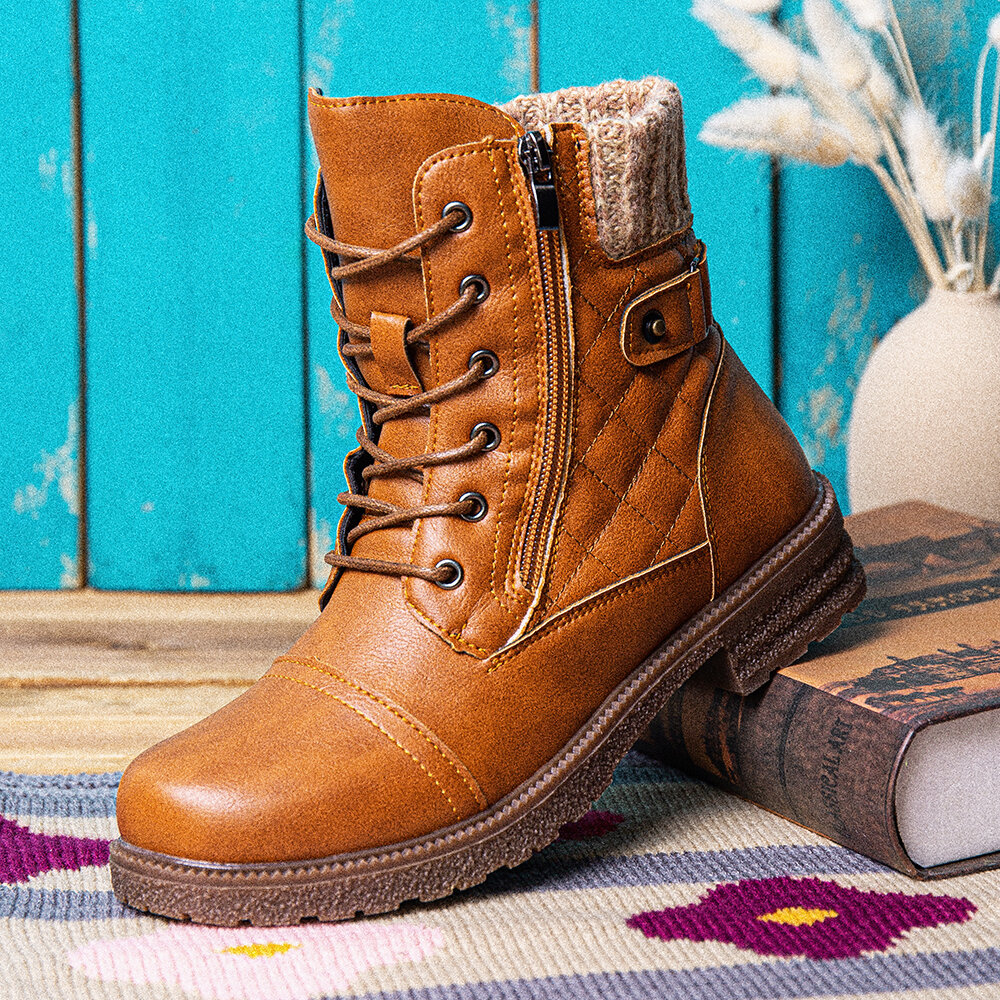 Large Size Women Casual Soft Comfy Warm Lined Patchwork Wool Side-zip Combat Boots