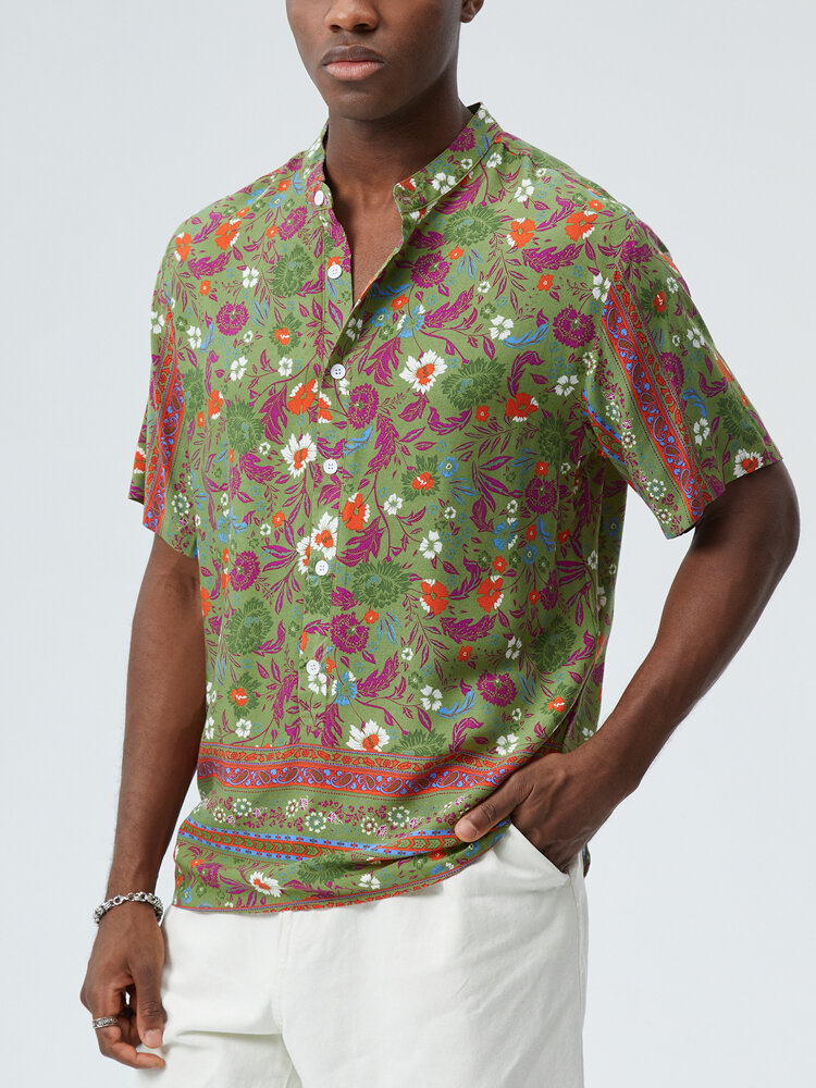 

Mens Floral Paisley Print Stand Collar Ethnic Short Sleeve Henley Shirts