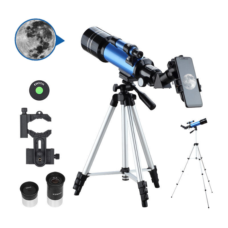 Telescopio astronómico AOMEKIE 40070 66X HD, telescopio refractor de 70 mm con ocular erecto, lente Barlow 3X, buscador y trípode con adaptador para teléfono