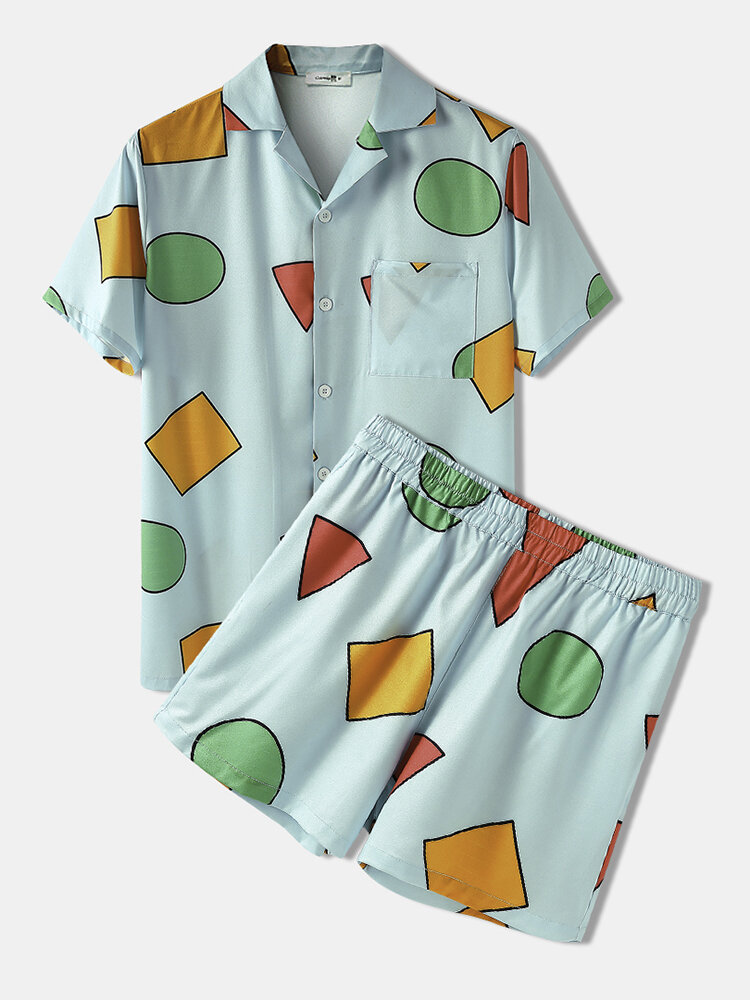 

Mens Geometric Pattern Button Up Soft Loose Cozy Daily Pajama Set