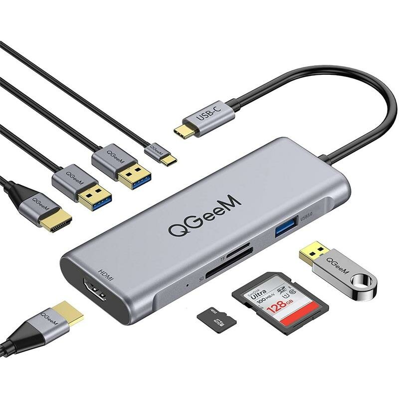 

QGeeM Dual Display 8-In-1 USB Type-C Hub Docking Station Adapter With 100W USB-C PD Power Delivery / 2 * 4K@30HZ HD Disp