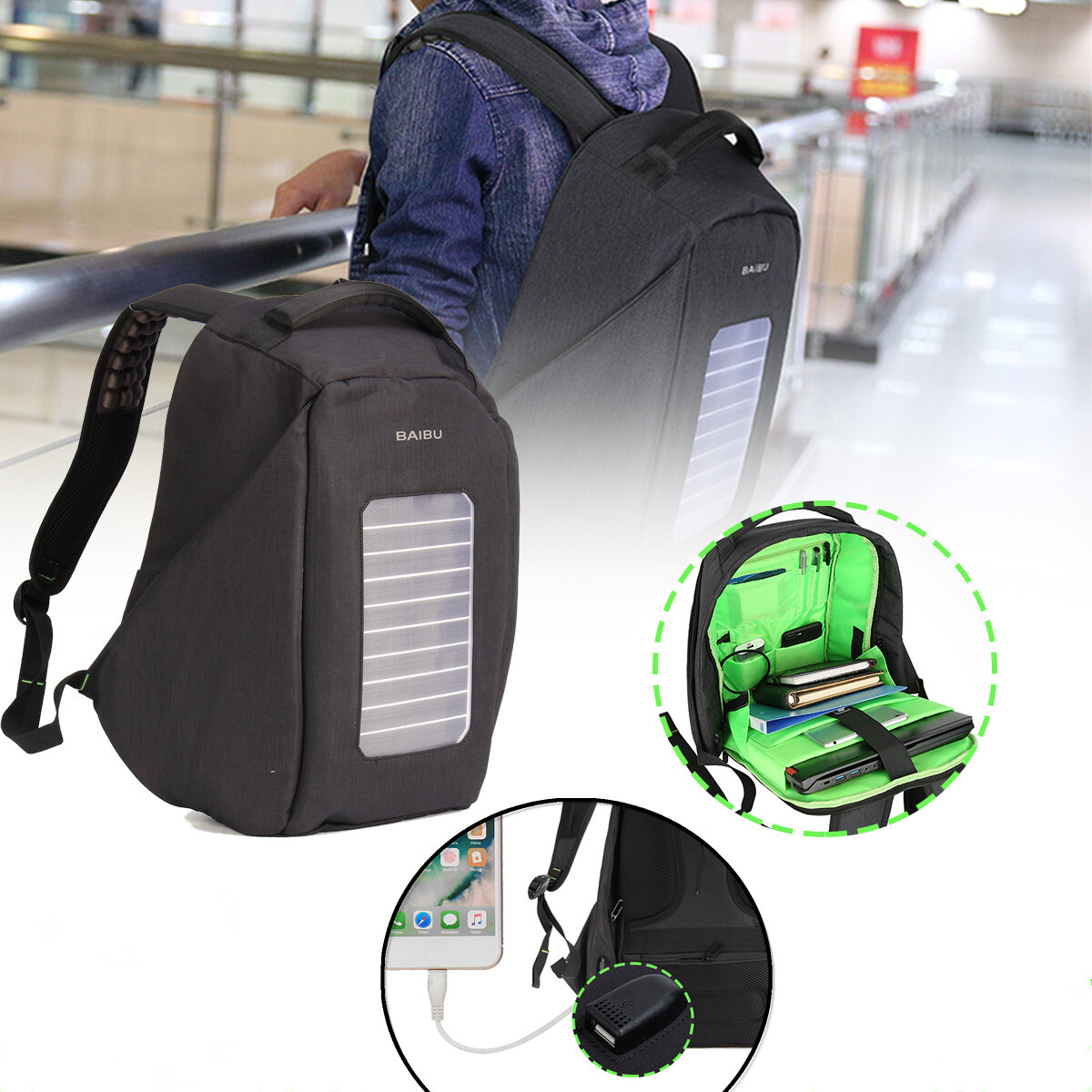 16 polegadas impermeável Solar Painel Mochila Laptop USB Carregador Outdoor Travel Camping Bags