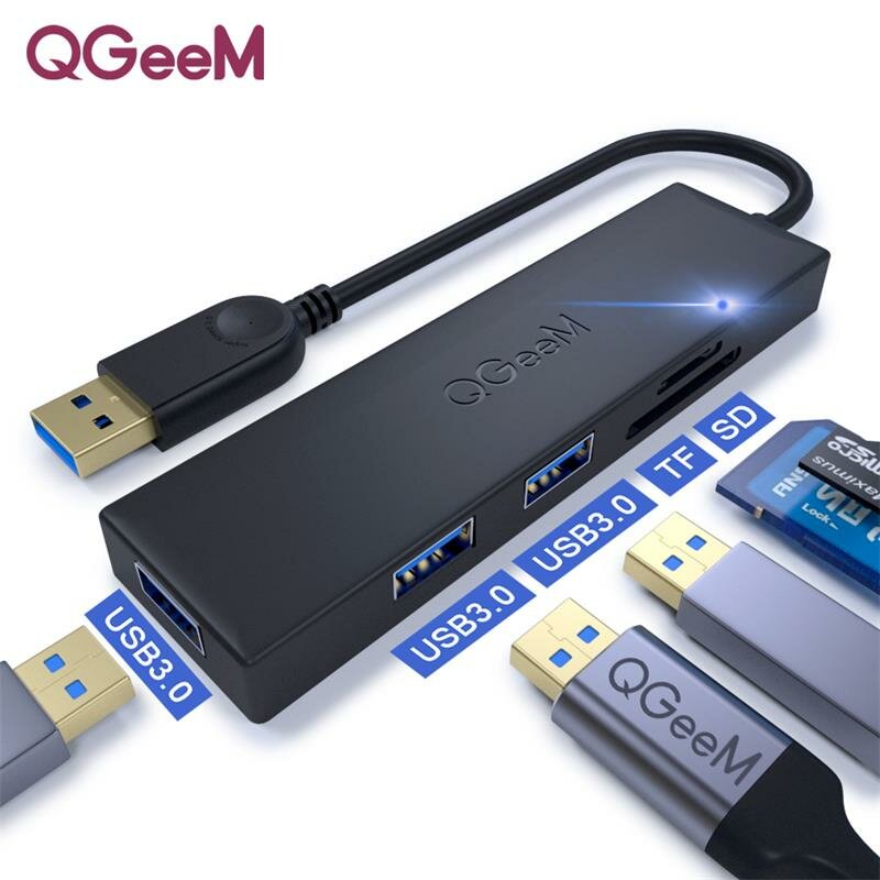 QGEEM QG-UH05-2A 5-in-1 USB A HUB LEDインジケータードッキングステーションアダプター、USB3.0 * 3 /メモリカードリーダー付き