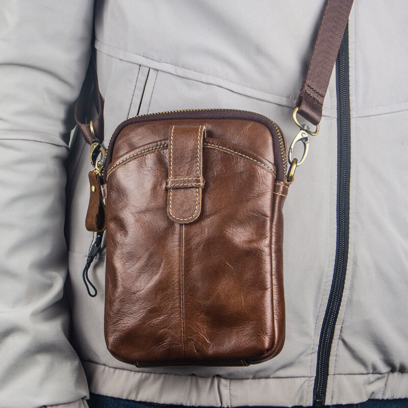Men Geniune Leather Vintage Magnetic Snap Crossbody Bag Softy Small Shoulder Bag