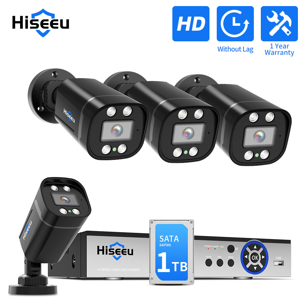 Hiseeu 4CH 5MP AHD CCTV System Wired AHD Camera DVR Kits IR Night Vision Motion Detection IP66 Waterproof Audio Recording Remote APP Viewing Support ONVIF Outdoor Security House Surveillance Cameras