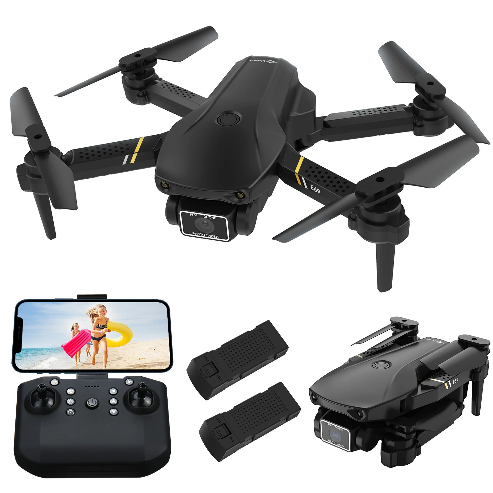 FLYHAL E69 WIFI FPV With 1080P HD Wide Angle Camera High Hold Mode Foldable RC Drone Quadcopter RTF - Two Batteries