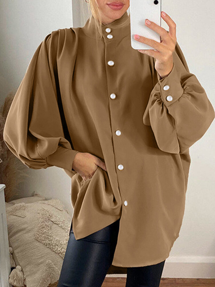 Women Pleated Puff Sleeve Solid Color Buttons Loose Casual Shirts