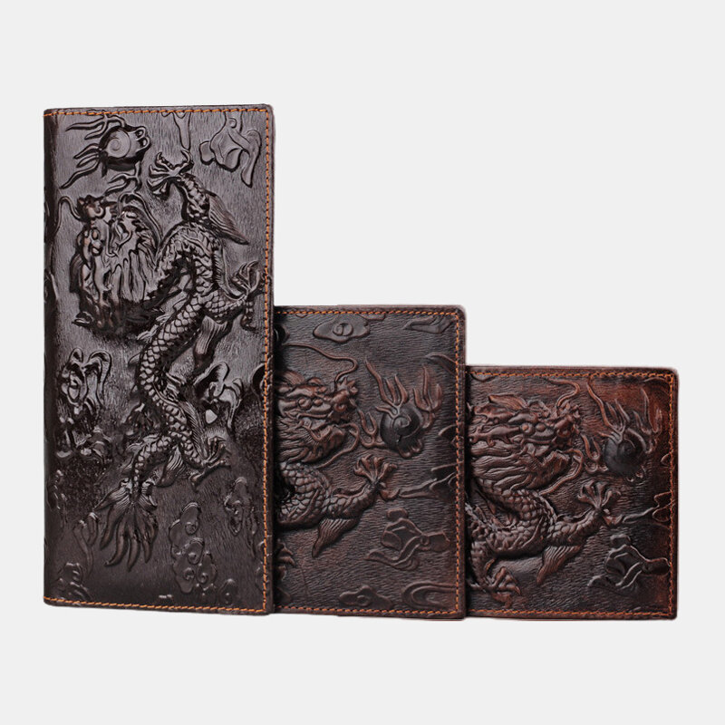 Men Genuine Leather 3D Dragon Pattern Retro Business Multi-slot Card Holder Wallet