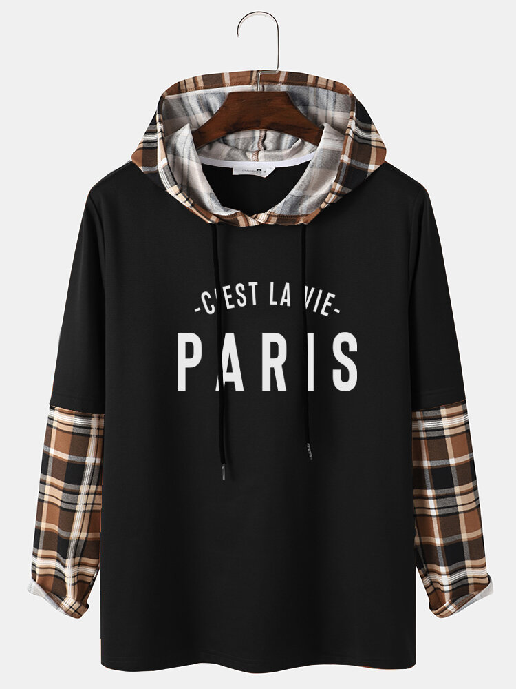 Heren geruite splitsmouw Parijs letter bedrukte hoodie