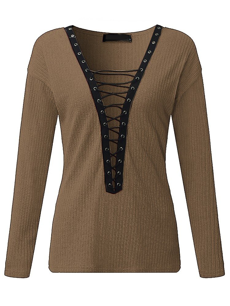 Women Lace Up Long Sleeve Plunge V-Neck Sweater