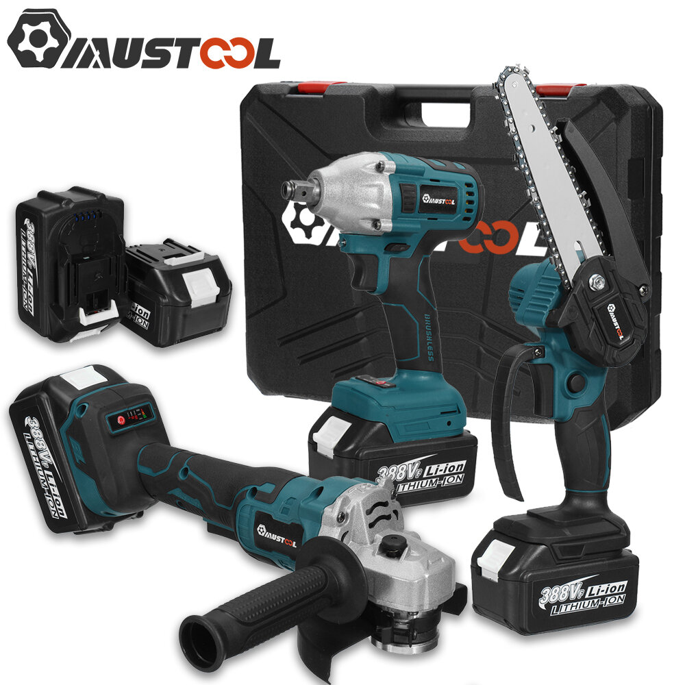 MUSTOOL 10-cell 125mm Angle Grinder + 2-head Electric Wrench + 6-inch Brushed Chainsaw Li-ion Tool S