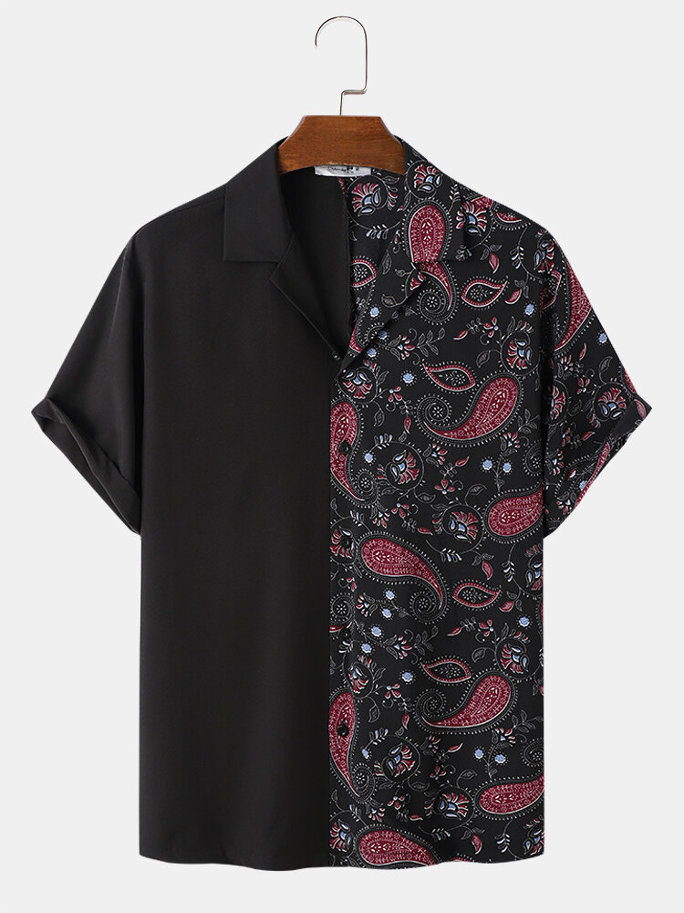

Mens Contrast Paisley Print Stitching Revere Collar Short Sleeve Shirts
