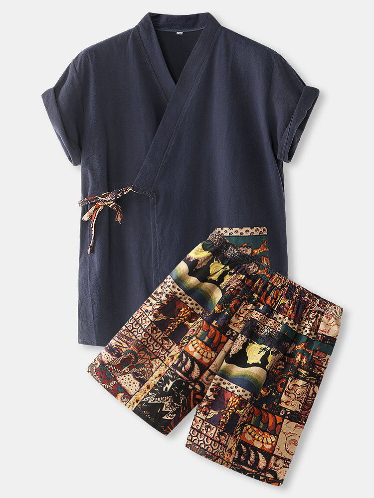 Mens Cotton Vintage Print V-Neck Tie Side Kimono Relaxed Fit Short Pajamas Sets