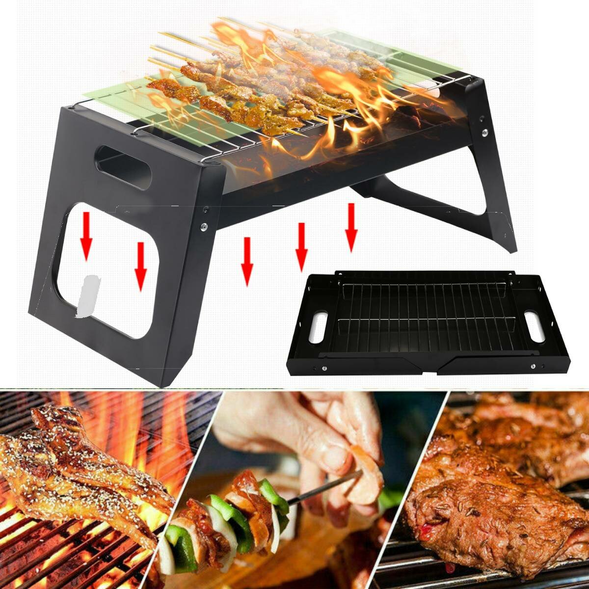 17.55x8.58x8.39in Opvouwbare BBQ Grill Kachel Roestvrij Barbecue Houtskool Grill Outdoor Camping BBQ