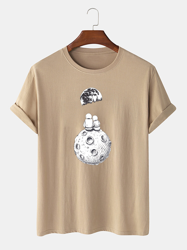 

Men 100% Cotton Funny Cartoon Space Planet Astronaut Print Casual T-Shirts