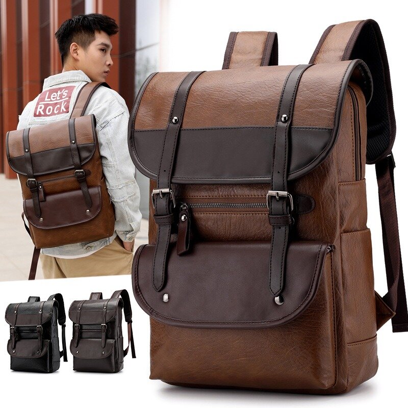 Men Anti-theft Large Capacity PU Leather Backpack Casual Vintage Shoulder Bag