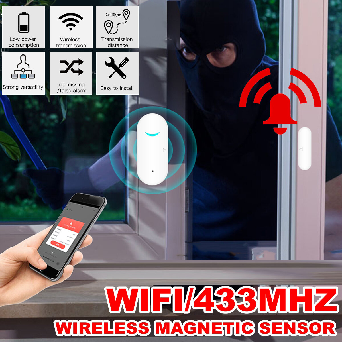 WIFI/433MHZ Fenstertürsensor Tür offen / geschlossen Smart Security Detectors APP Home Alarm