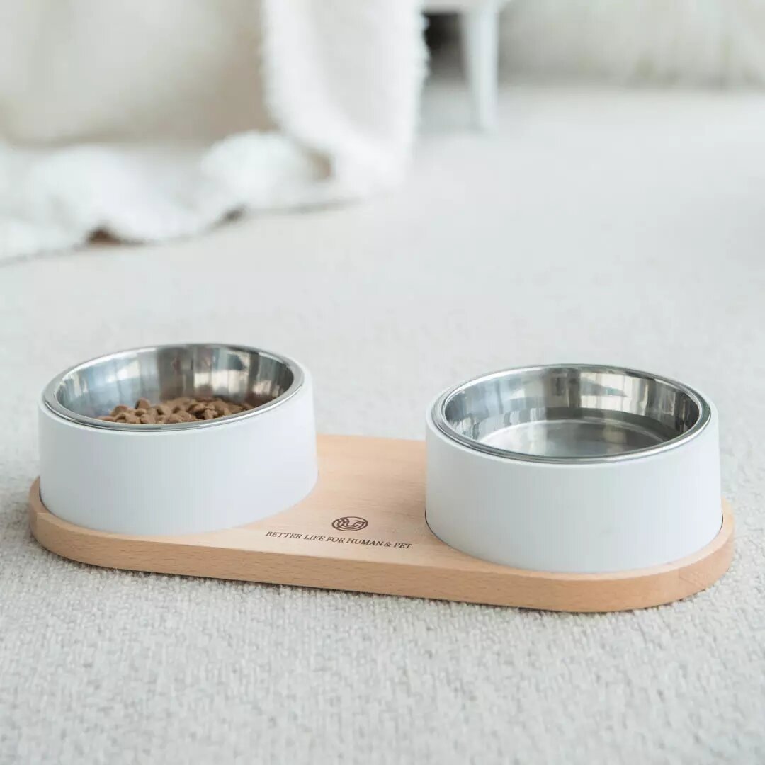 Pet Feeder Beech Bowl With 304 Stainless Steel Double Bowl