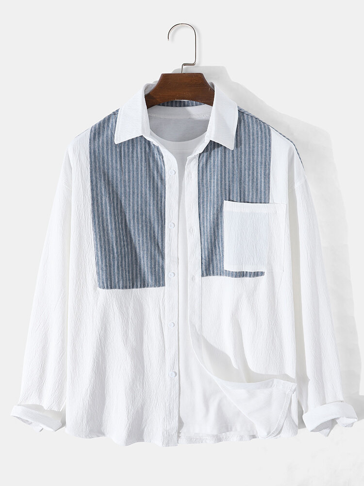 Mens Cotton Splicing Striped Long Sleeve Casual Shirt