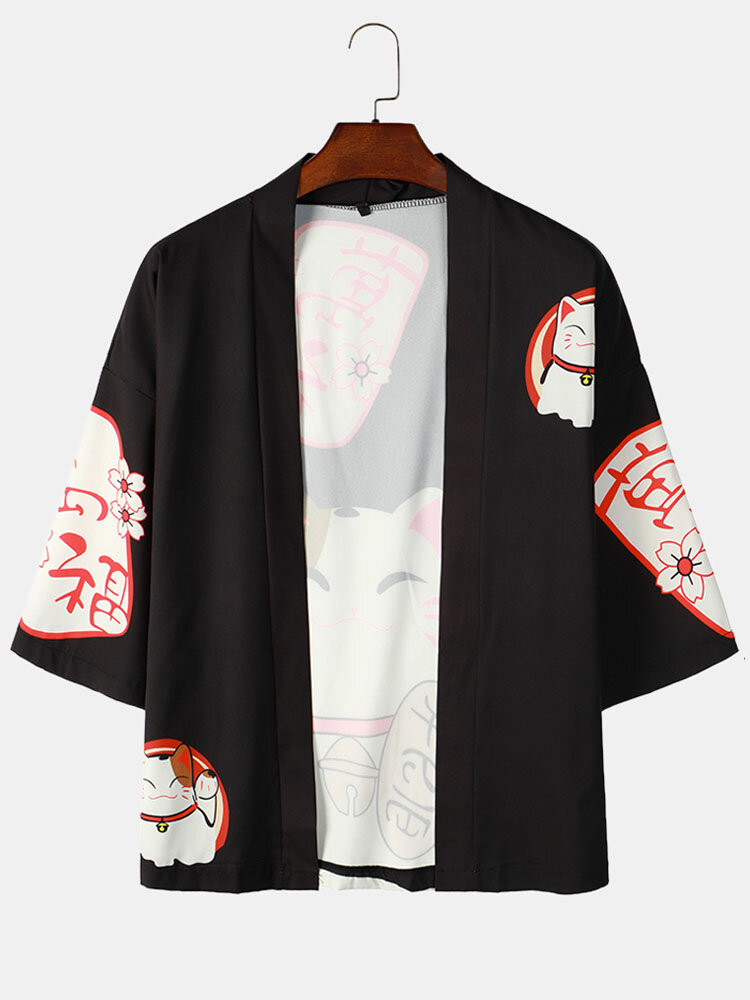 Mens Japanese Lucky Cat Floral Print Open Front Loose Kimono
