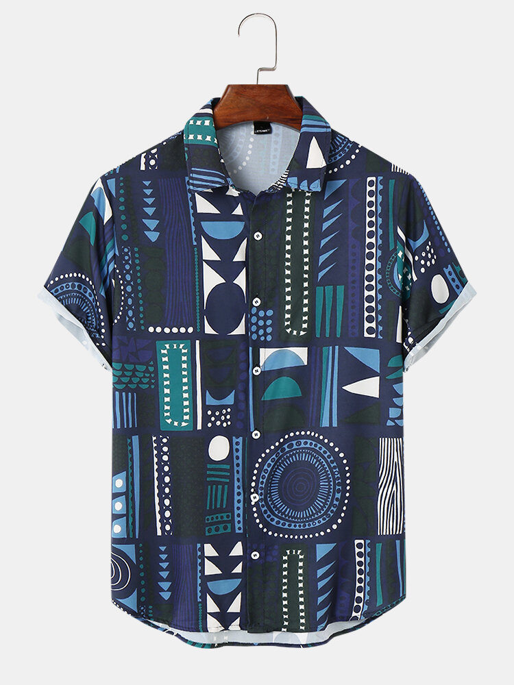 Mens Geometric Ethnic Print Short Sleeve Front Buttons Shirts