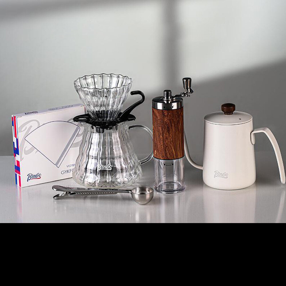 Bincoo Koffieset Koffieaccessoires Houtnerf Handmatige Grinder Glazen Pot met Filter Gooseneck Druppelketel Set voor Koffie