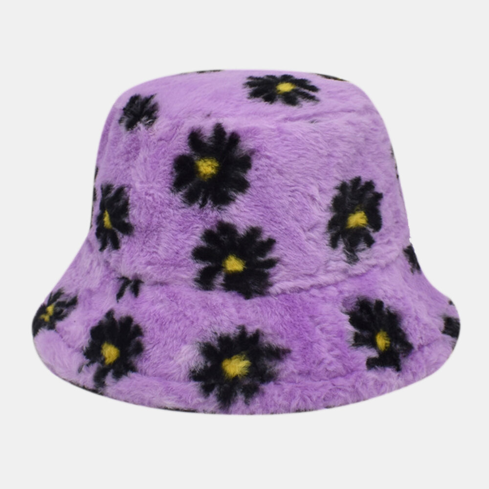 Women Lamb Hair Soft Warm Plus Thicken Casual All-match Cute Daisy Flower Pattern Bucket Hat