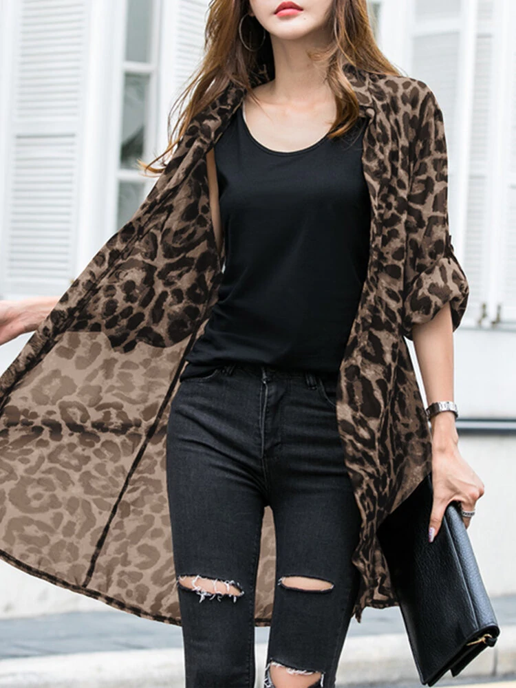 Long sleeve thin light chiffon leopard leisure cardigan for women