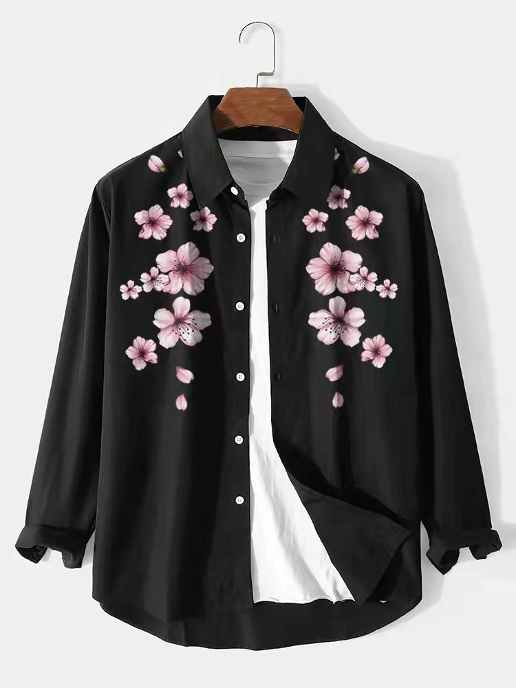 Heren Cherry Blossom Casual overhemden met lange mouwen en gebogen zoom