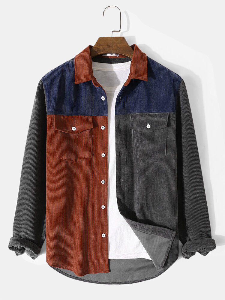 

Men Corduroy Patchwork Contrast Color Block Lapel Buttons Double Pockets Casual Shirts