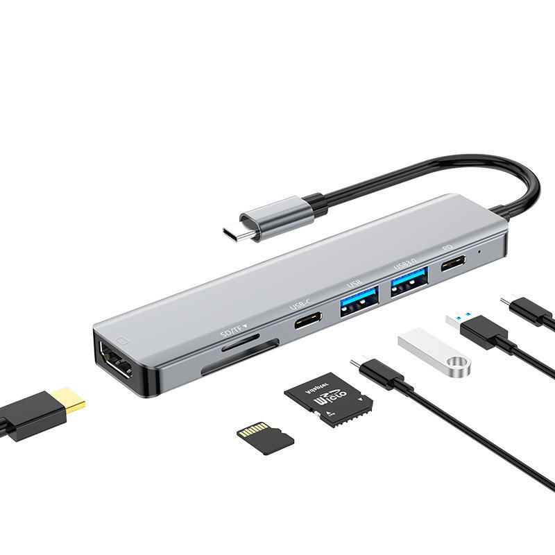

Basix 7-in-1 Тип-C Док-станция Адаптер-разветвитель концентратора USB-C с USB3.0*2 Данные USB-C PD87W USB-C 4K@30Hz HDMI