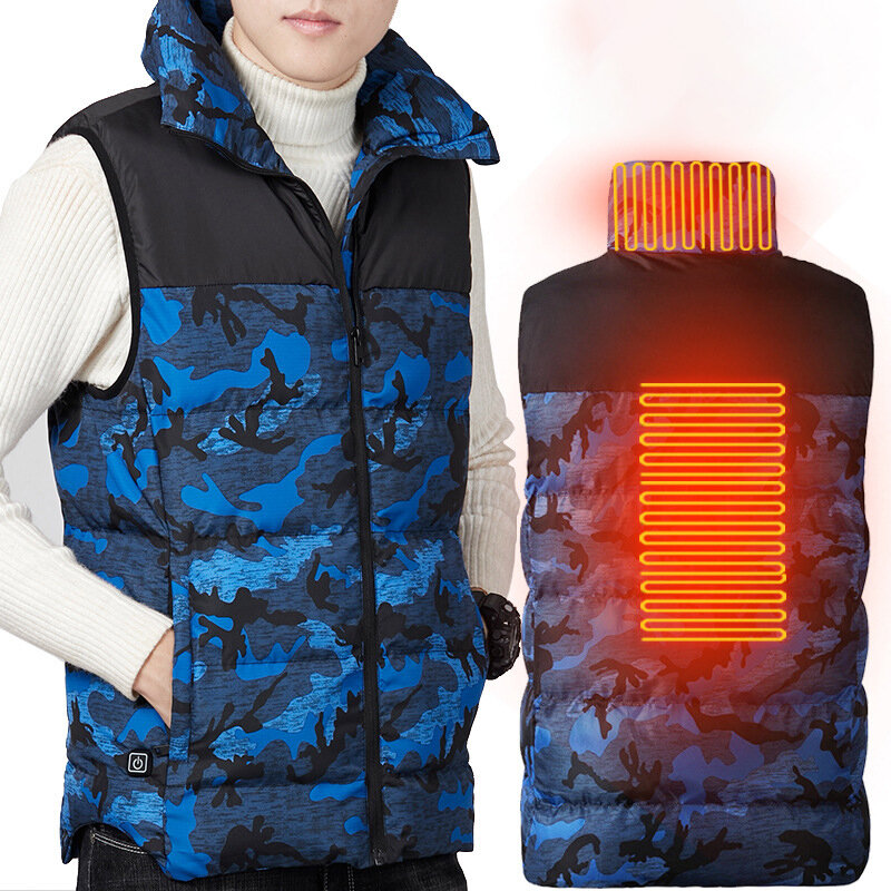 TENGOO Camouflage Heated Vest Men USB Infrared Winter Flexible Electric Jacket 3 Modes 2 Heating Zone Thermal Clothing Waistcoat Fishing Hiking