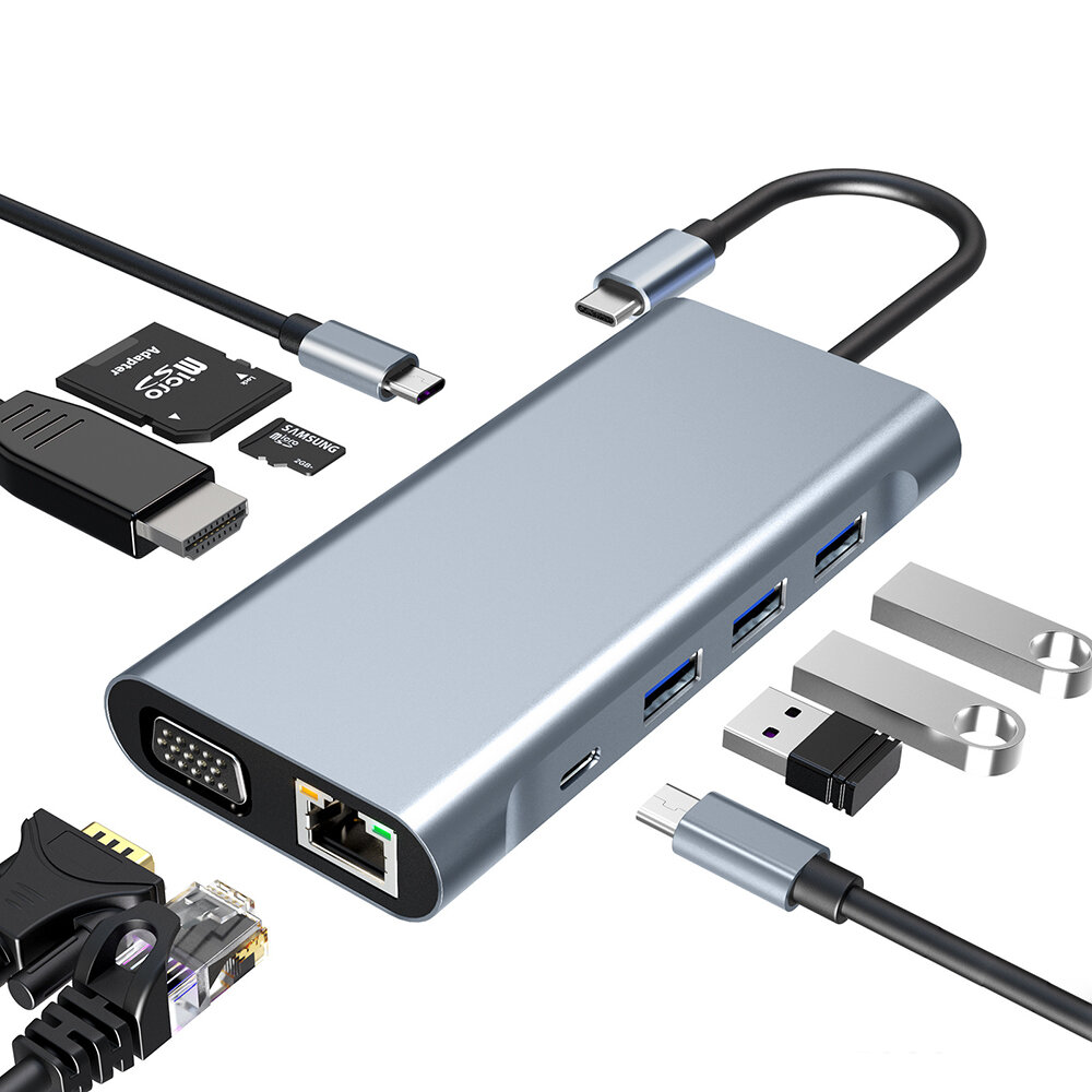 

Mechzone 10 IN 1 Type-C Docking Station USB-C Hub Adapter with USB3.0 USB2.0 USB-C PD 100W 4K HDMI-Compatible 1080P VGA