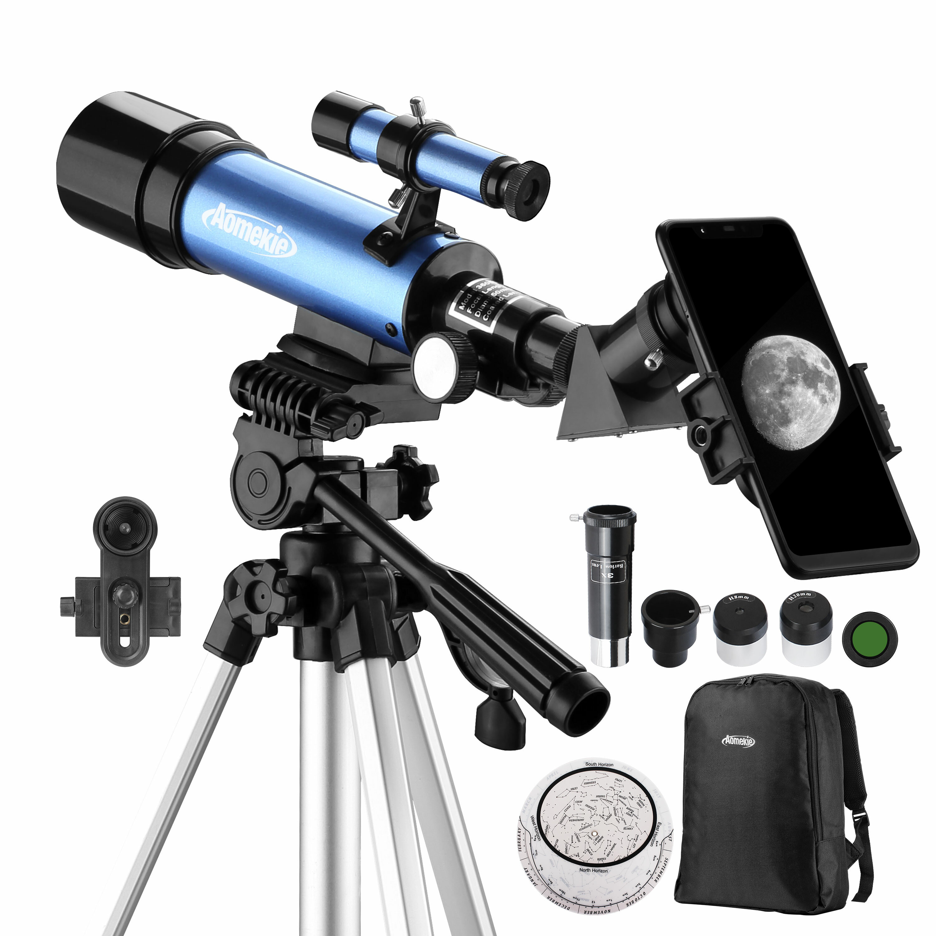 Teleskop astronomi AOMEKIE 18X-135X dengan aperture 50mm, tipe refraktor, dengan adaptor telepon & tripod yang dapat disesuaikan untuk pemula astronomi.