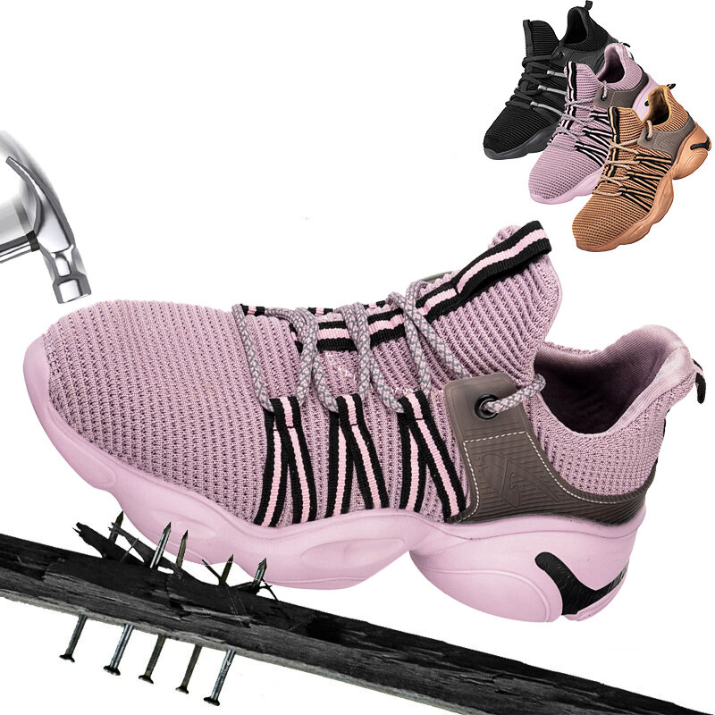 Женские кроссовки из сетки для бега легкие стальной носок безопасности дышащие комфортные спортивные кеды