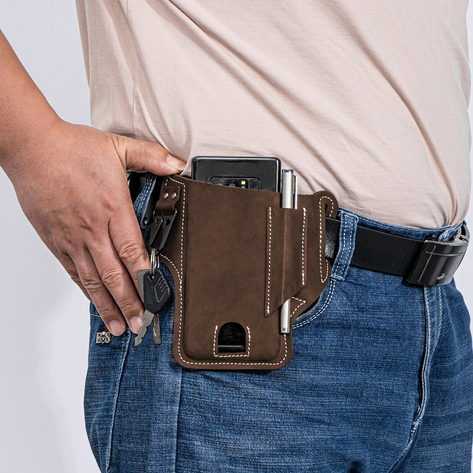 Menico Men Genuine Leather EDC Multitool Mobile Phone Pen Keychain Organizer Waist Belt Bag