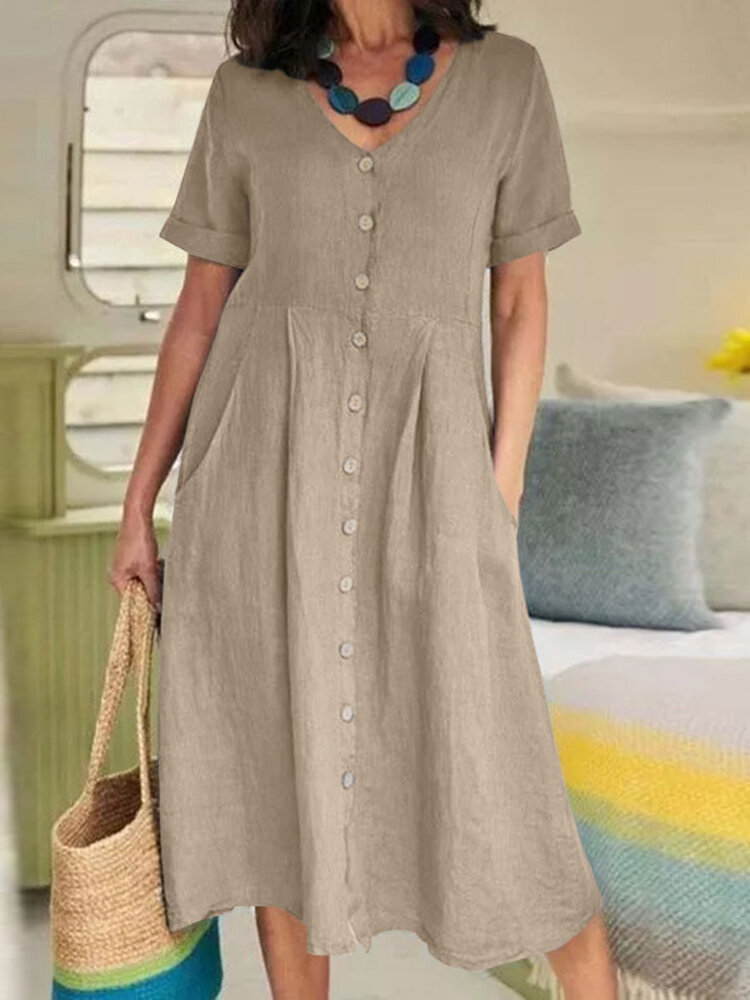 

Cotton Solid Pocket Ruched Short Sleeve Casual Midi Dress