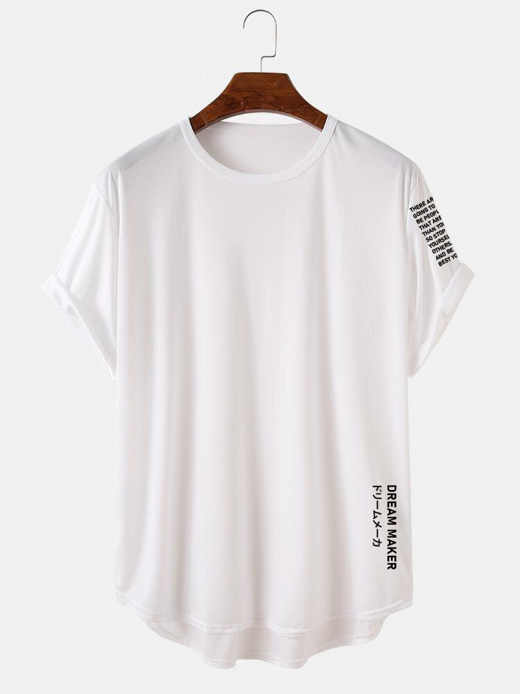 

Mens Letter Japanese Print High Low Curved Hem Short Sleeve T-Shirts