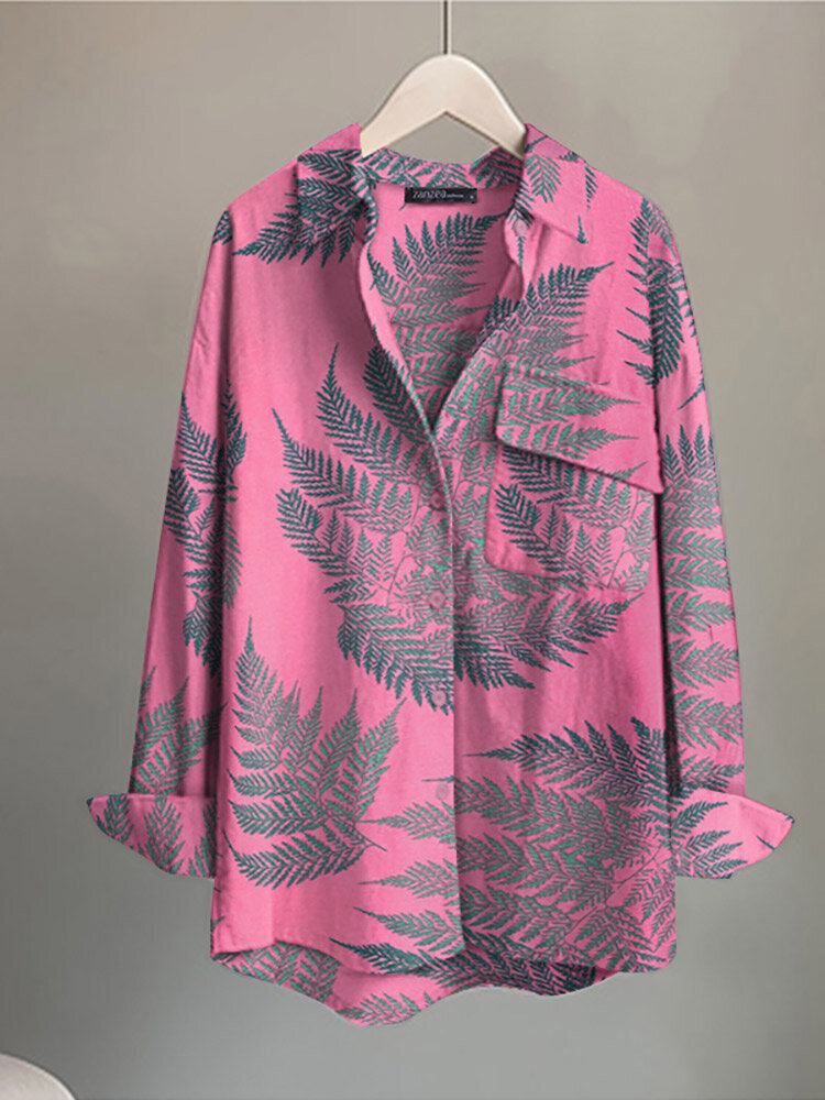 Tropical Plant Leaves Pattern Pocket Button Long Sleeve Shirt